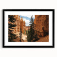 Framed landscape artwork showcasing vibrant canyons in shades of orange and red, featuring a sleek black mat and frame, ideal for home decor enhancement.