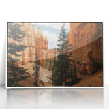 Framed acrylic artwork depicting a stunning landscape of canyons, featuring vibrant colors and intricate details, perfect for enhancing any contemporary home décor.