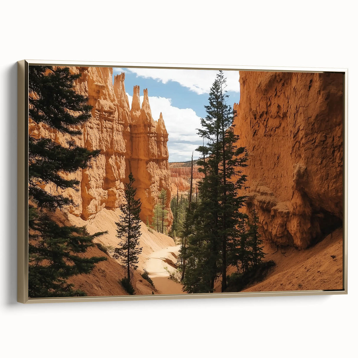 Framed landscape canvas depicting vibrant canyons with gold accents, showcasing stunning natural colors and textures, perfect for modern home decor.