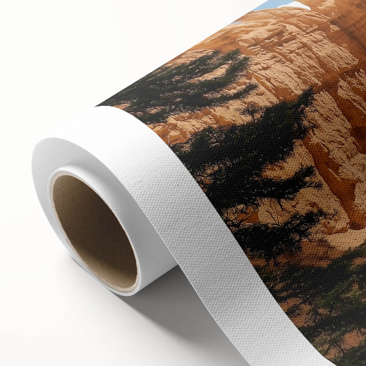 Vibrant landscape canvas depicting stunning canyons in rich earthy tones, rolled and ready for display, highlighting natural beauty and artistic craftsmanship.