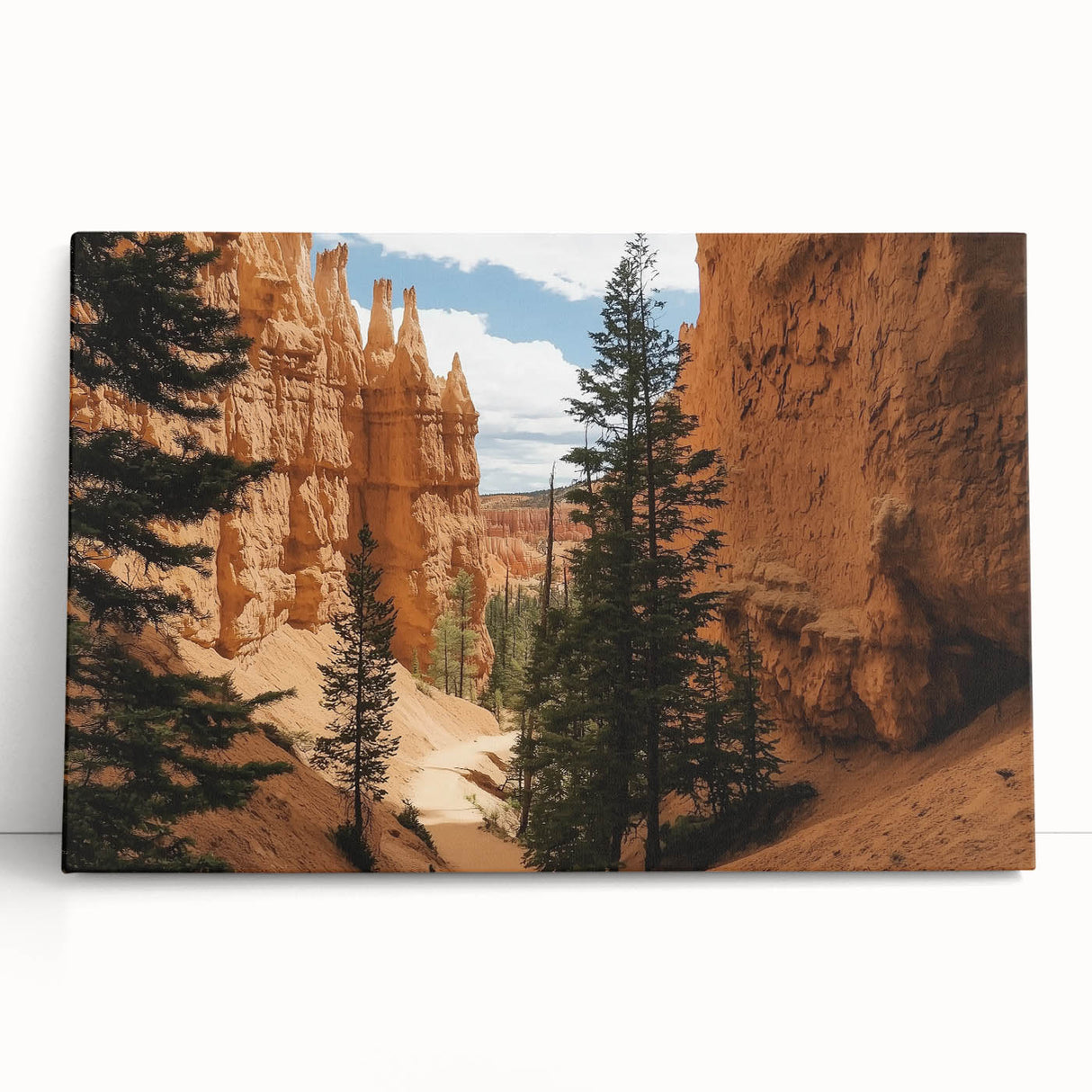 Stretched canvas artwork depicting a vibrant landscape of canyons with rich earthy tones, ideal for home decor or office settings. This stunning piece adds depth and color, enhancing any space.