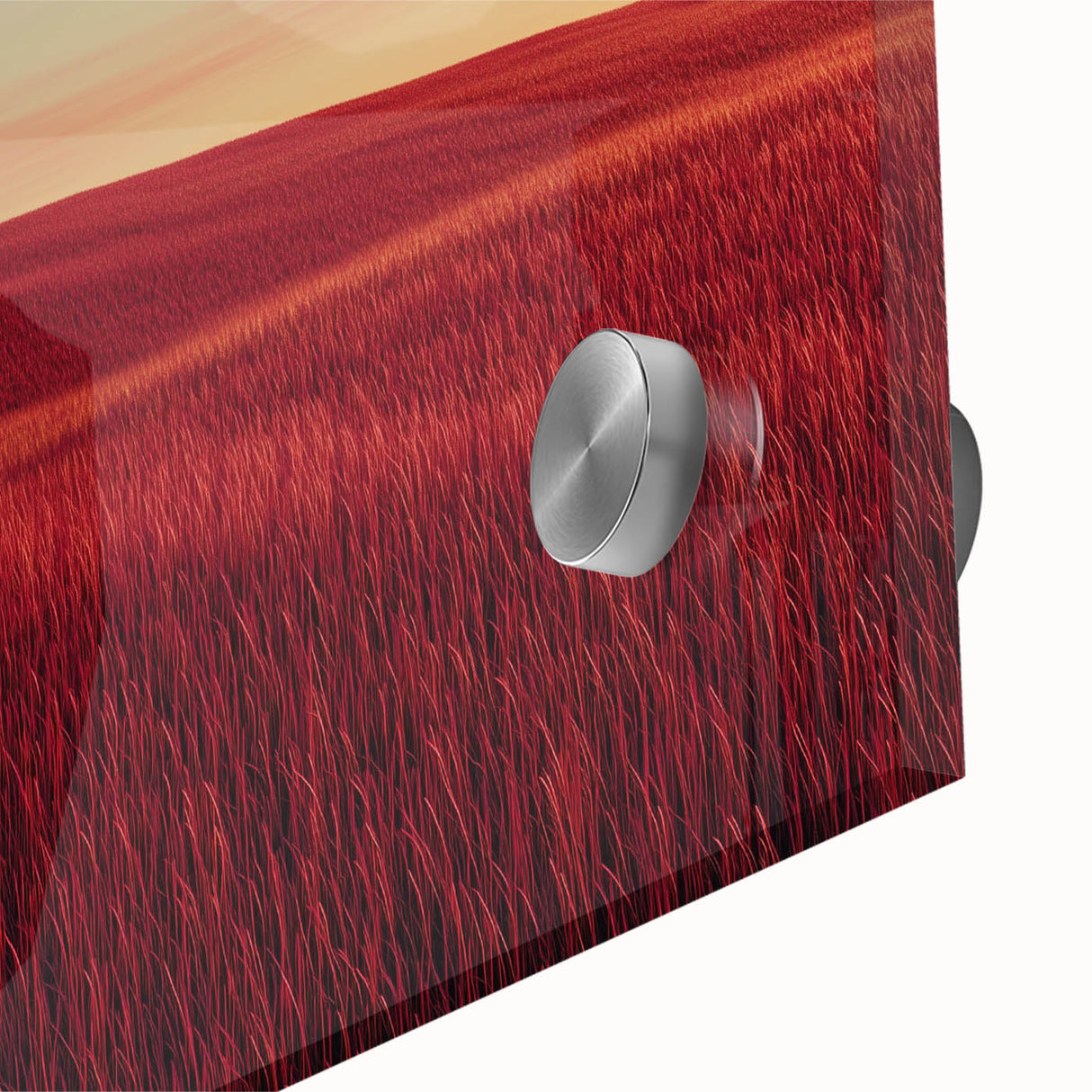Close-up of a vibrant acrylic landscape artwork depicting serene countryside scenery, featuring lush green fields and a clear blue sky, ideal for home decor.