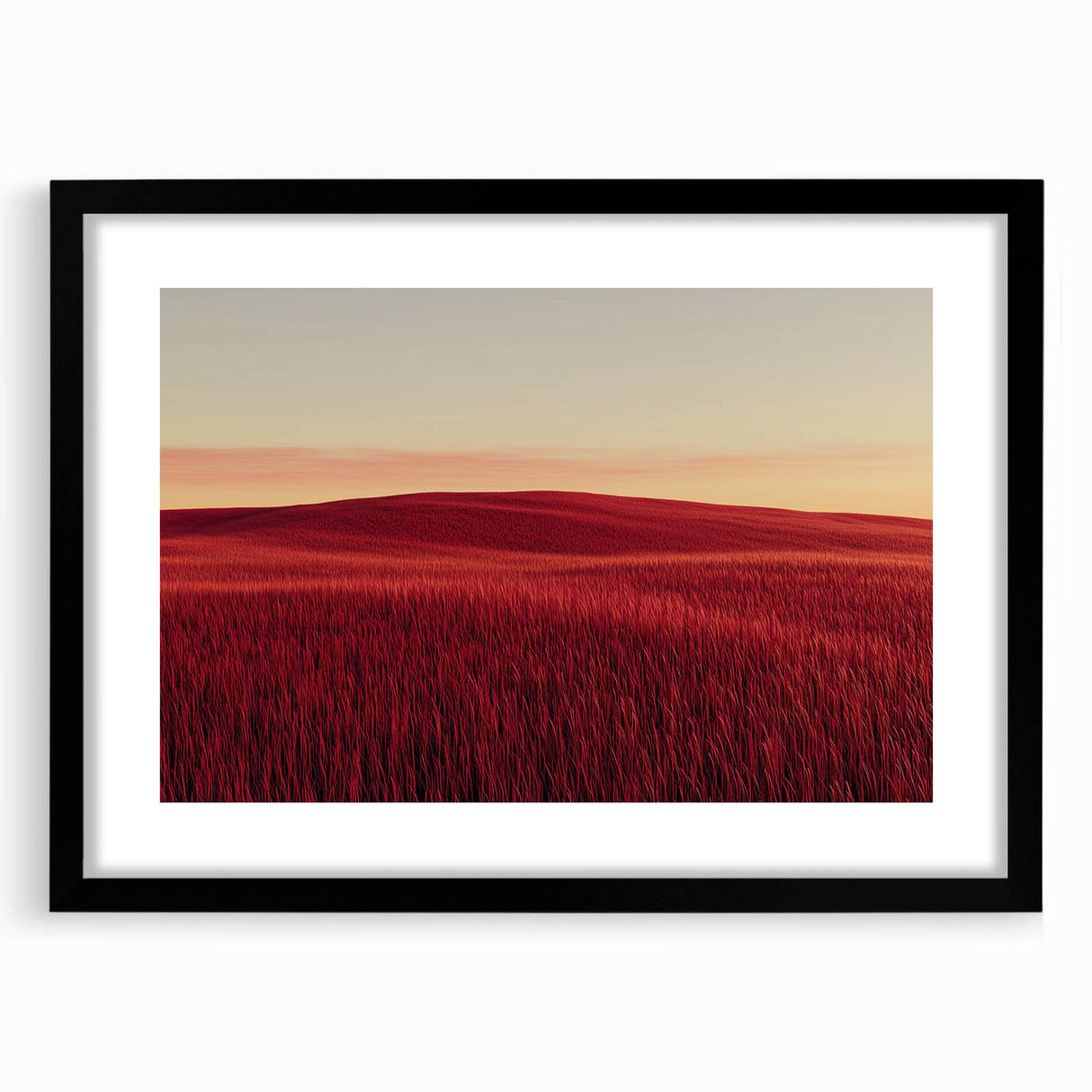 Black-framed landscape artwork featuring serene countryside scenery, elegantly matted for a refined presentation, ideal for enhancing home decor.