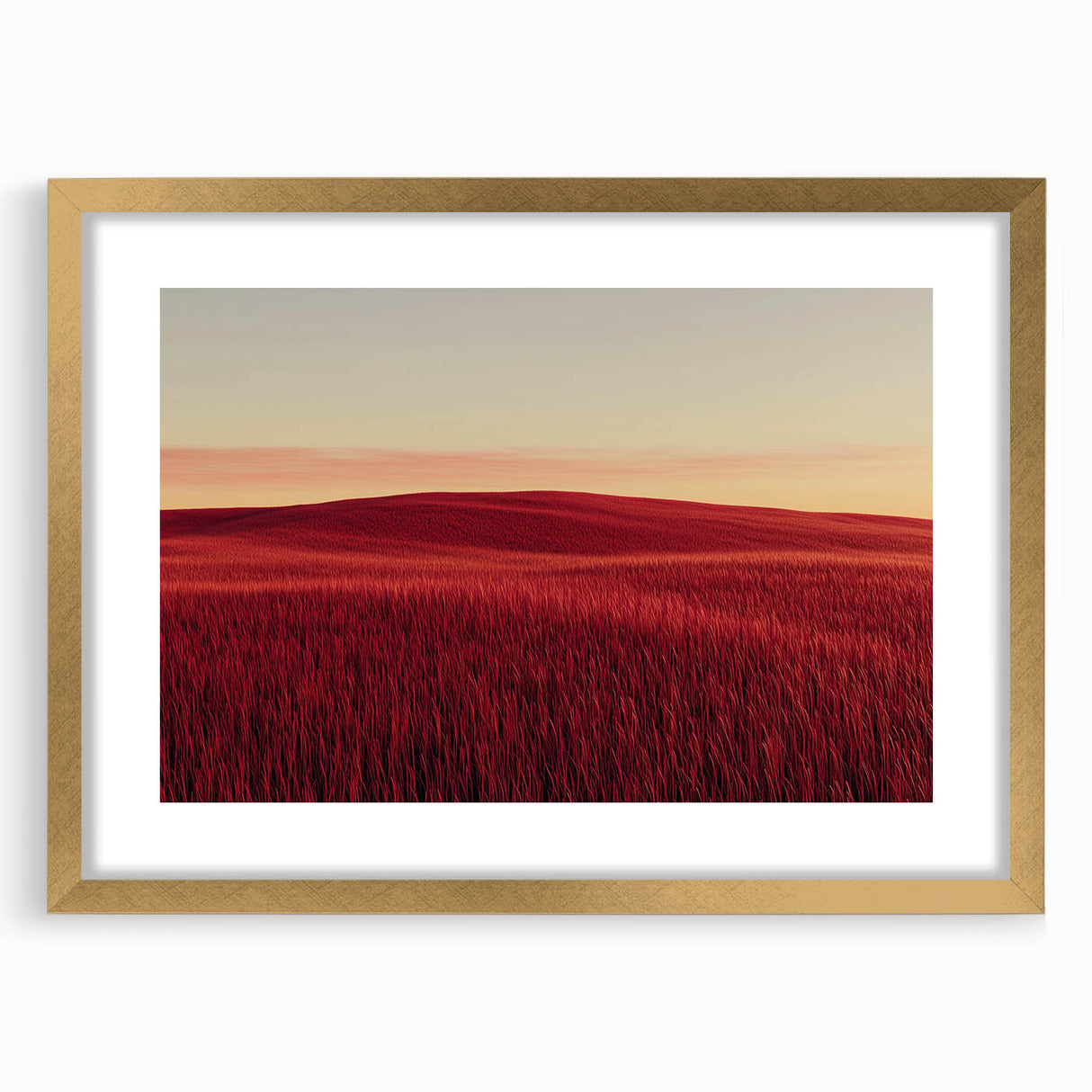 Elegant countryside landscape framed in gold with a matte finish, showcasing serene rural scenery. Perfect for home decor, adding warmth and sophistication.