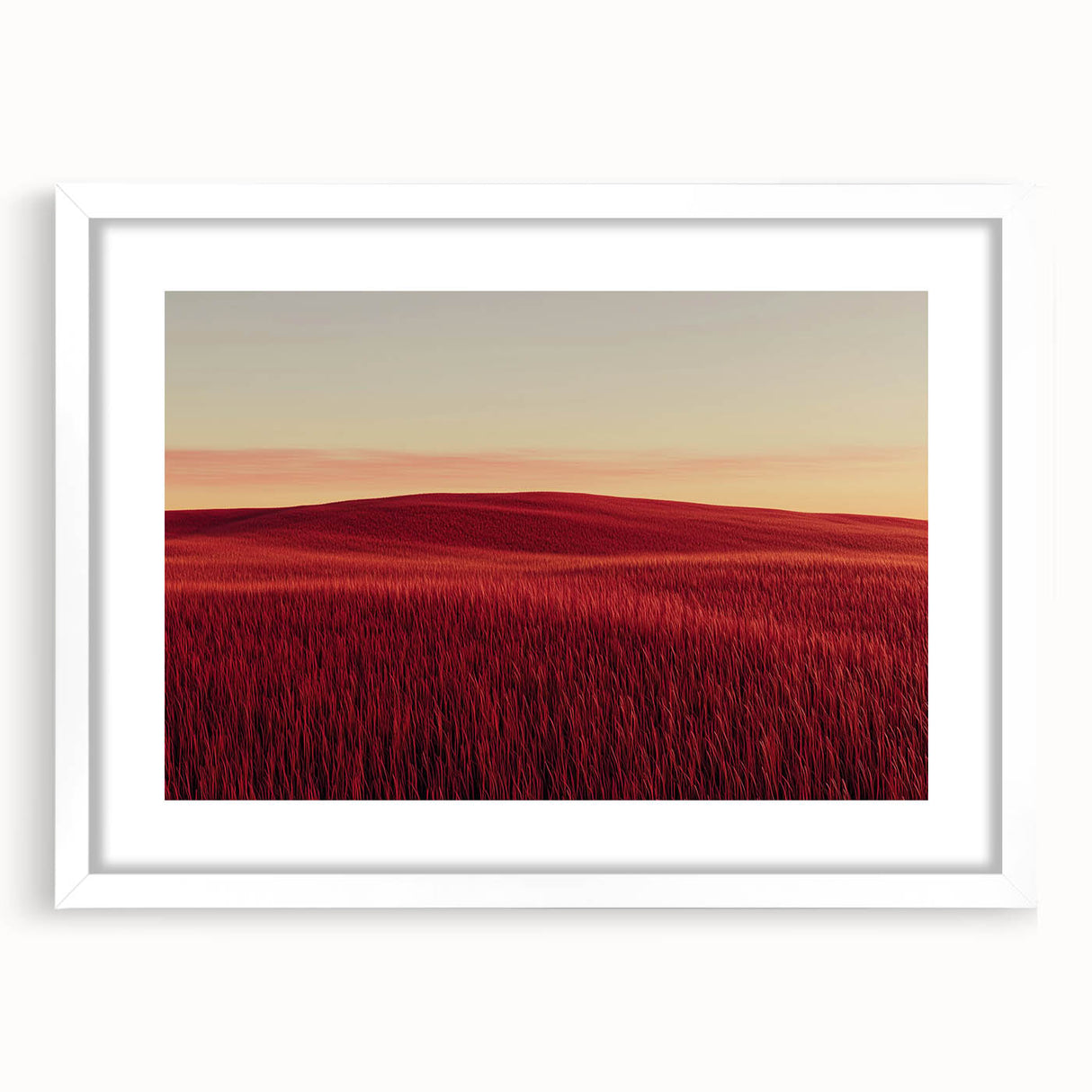 Framed countryside landscape artwork in a white mat, showcasing vibrant green fields and a serene blue sky, perfect for home decor and wall display.