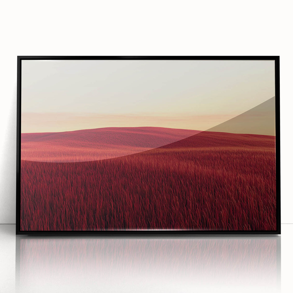 Framed acrylic artwork showcasing a serene countryside landscape with vibrant green fields and a clear blue sky, presented in a sleek black frame for an elegant finish. Perfect for home decor enthusiasts seeking a touch of nature's beauty.