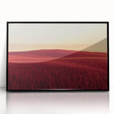 Framed acrylic artwork showcasing a serene countryside landscape with vibrant green fields and a clear blue sky, presented in a sleek black frame for an elegant finish. Perfect for home decor enthusiasts seeking a touch of nature's beauty.
