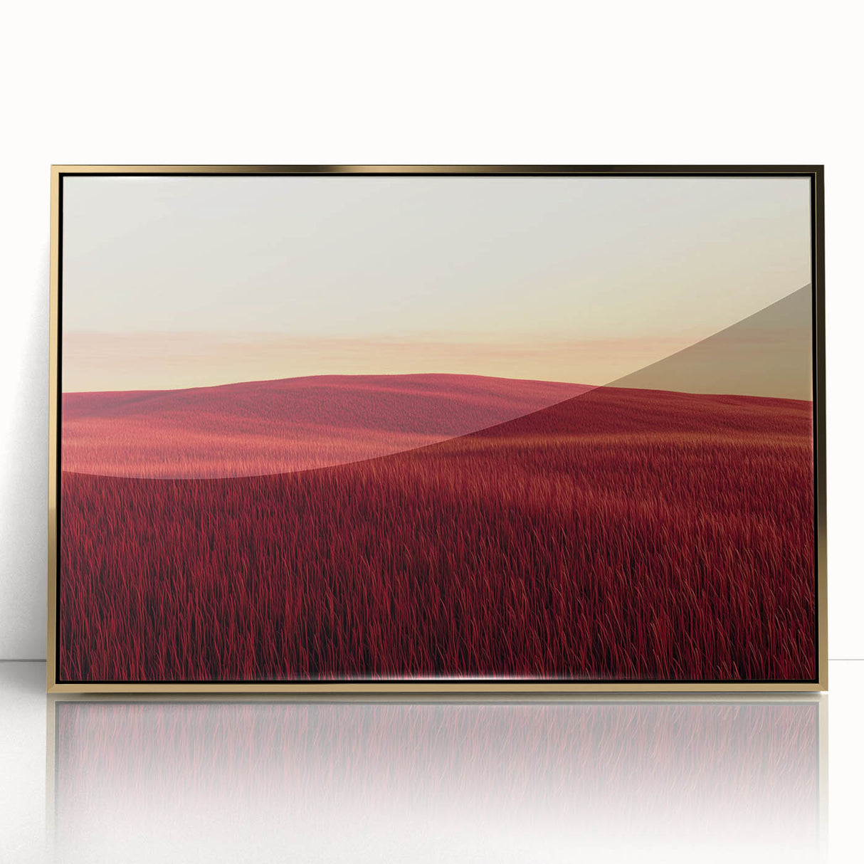 Framed acrylic artwork depicting a serene countryside landscape with vibrant green fields and a golden frame, perfect for home decor or office aesthetics.