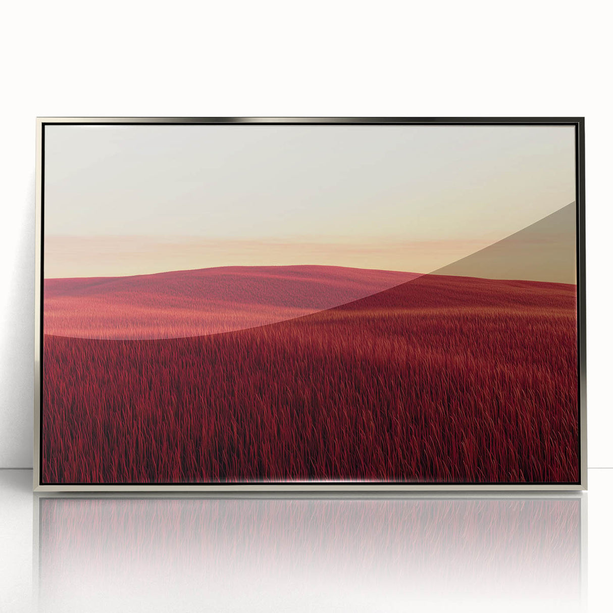 Framed acrylic artwork depicting a serene countryside landscape with vibrant greenery and rolling hills, presented in a sleek silver frame, perfect for home decor.