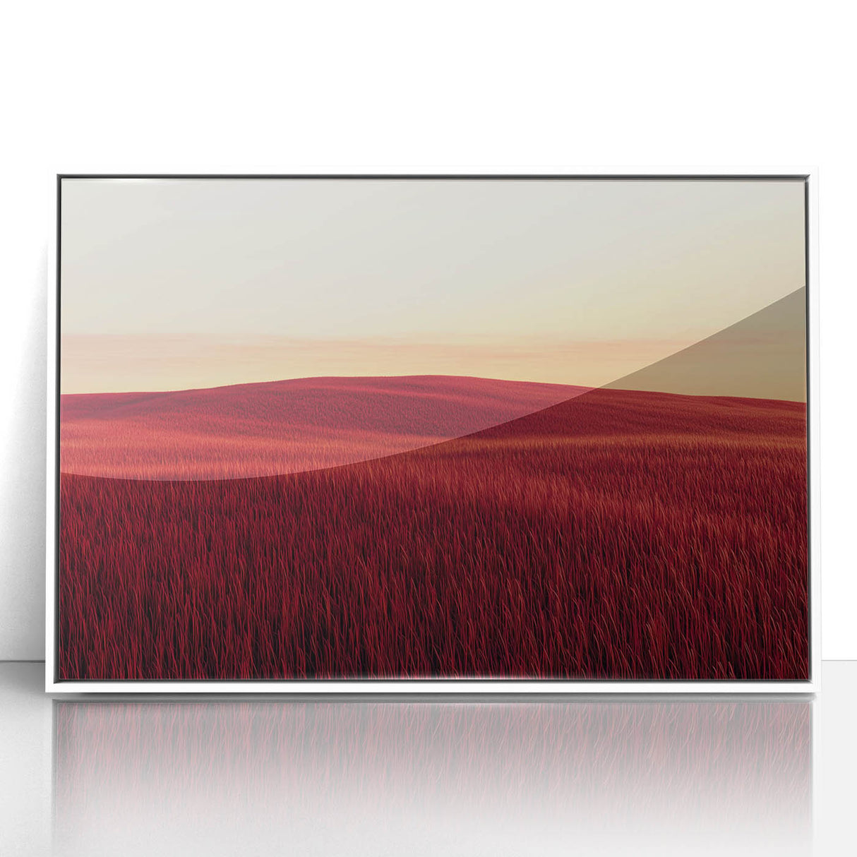 Framed acrylic artwork showcasing a serene countryside landscape, with lush green hills and a tranquil sky, set in a sleek white frame, perfect for home decor.