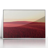 Framed acrylic artwork showcasing a serene countryside landscape, with lush green hills and a tranquil sky, set in a sleek white frame, perfect for home decor.