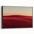 Framed canvas artwork showcasing a serene countryside landscape with vibrant greenery and rolling hills, presented in a stylish black frame from the side view.