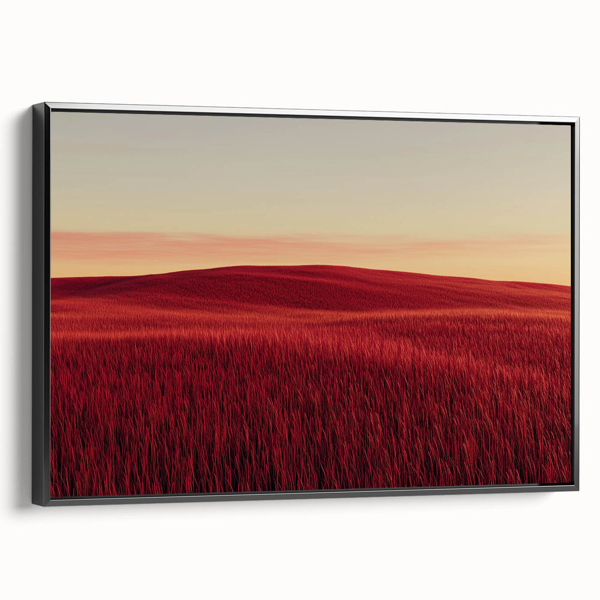 Framed canvas artwork showcasing a serene countryside landscape with vibrant greenery and rolling hills, presented in a stylish black frame from the side view.