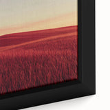 Close-up of a framed canvas depicting a serene countryside landscape, showcasing vibrant green fields and a clear blue sky, perfect for home decor.