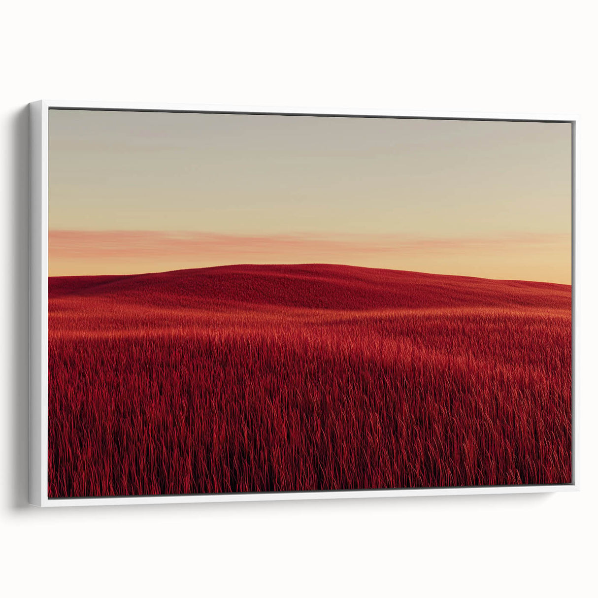 Framed canvas artwork showcasing a serene countryside landscape, featuring vibrant greens and soft blues, elegantly displayed against a white background to enhance the visual appeal. Ideal for home decor enthusiasts seeking a calming nature theme.