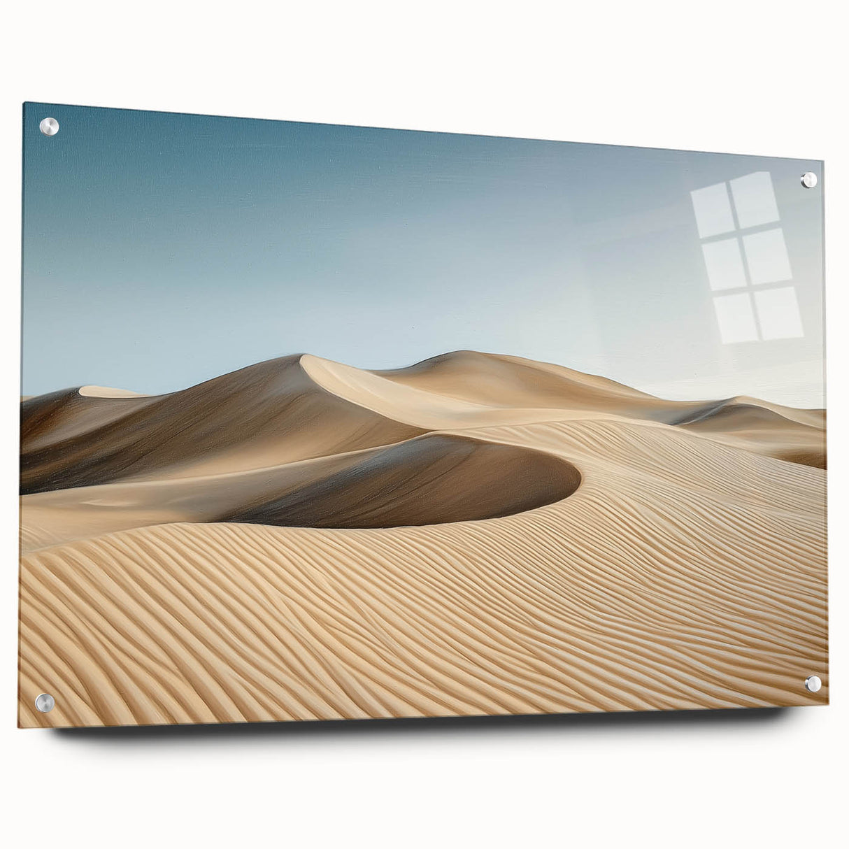 Acrylic glass artwork showcasing a stunning desert landscape, viewed from the side with decorative pins, perfect for modern home decor. Ideal for nature enthusiasts.