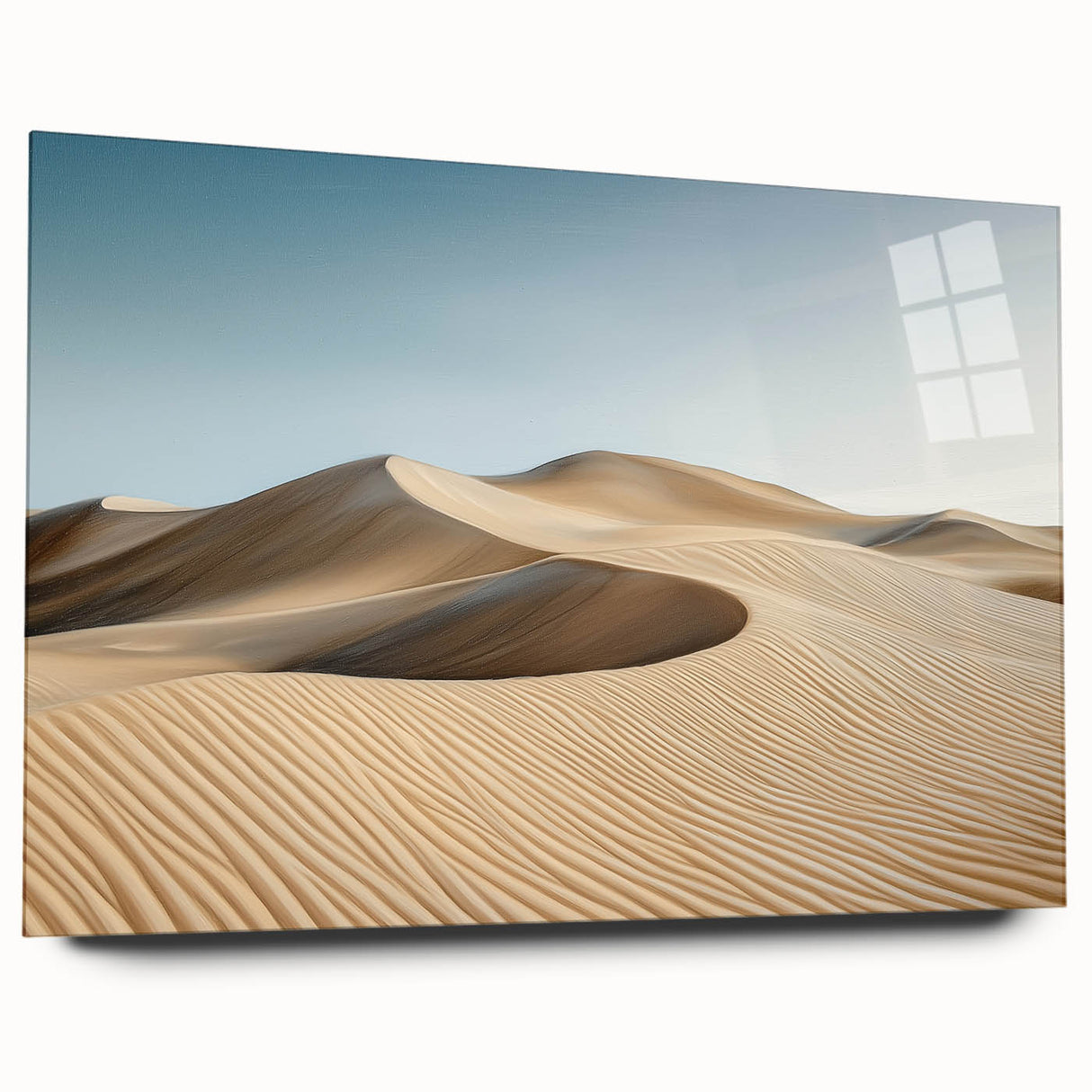 Acrylic glass artwork depicting a vibrant desert landscape in warm tones, showcasing unique textures and details from a side view, perfect for home decor.