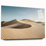 Acrylic glass artwork depicting a vibrant desert landscape in warm tones, showcasing unique textures and details from a side view, perfect for home decor.