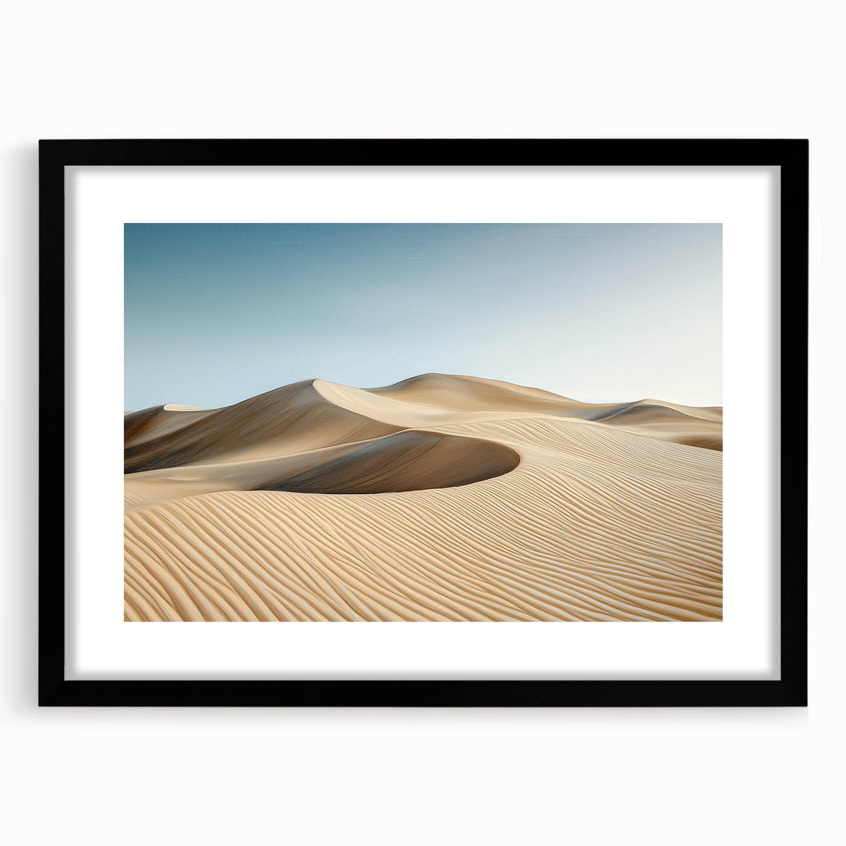 Black-framed landscape art print showcasing a serene desert scene, complete with a mat for added depth, perfect for modern home decor. Ideal for art enthusiasts seeking desert-themed aesthetics.