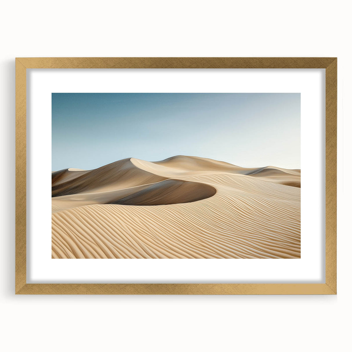 Desert landscape framed art featuring a gold mat, showcasing vibrant hues of orange and yellow with intricate details, perfect for home decor or office styling.