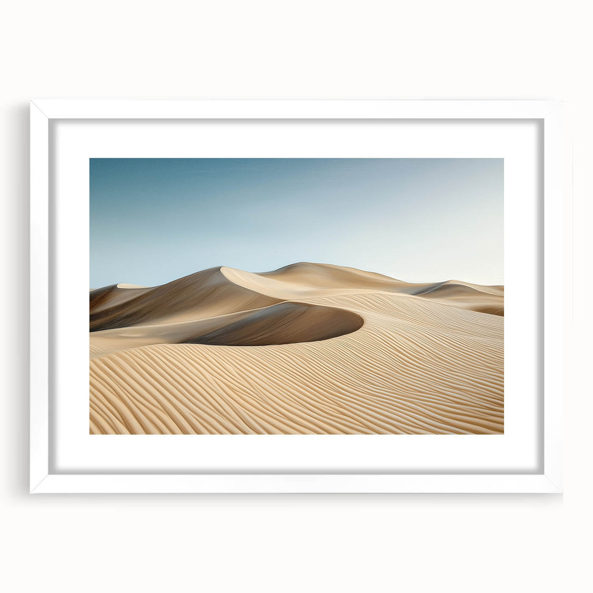 Desert landscape artwork framed in white matting, showcasing vibrant colors and intricate details, perfect for enhancing home decor with a serene touch.