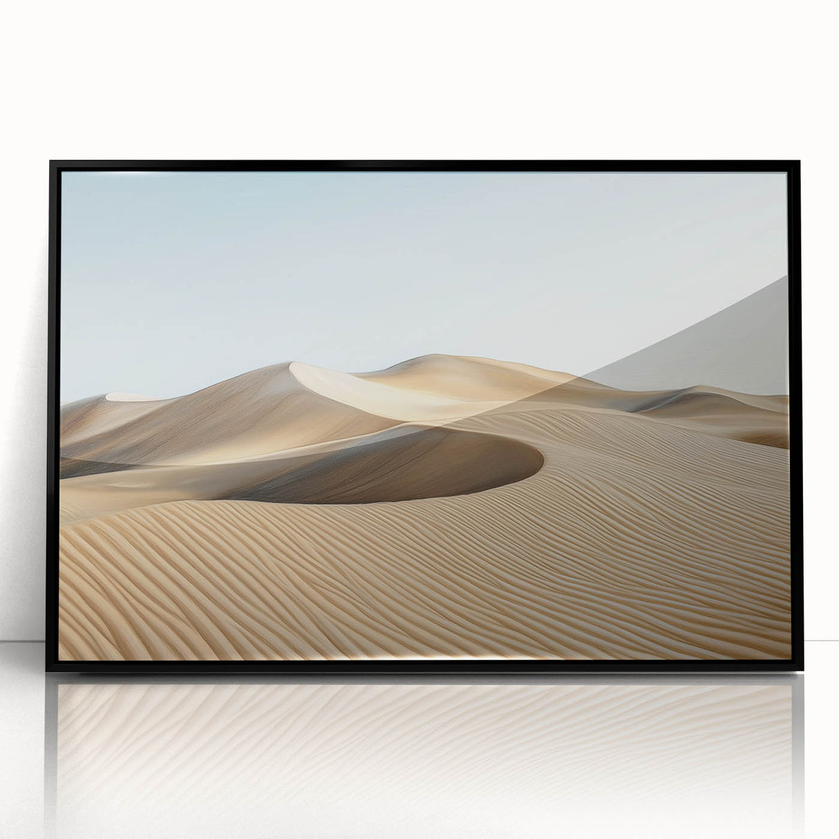 Framed black acrylic artwork showcasing a vibrant desert landscape with rich colors and intricate details, ideal for modern home decor and art enthusiasts.