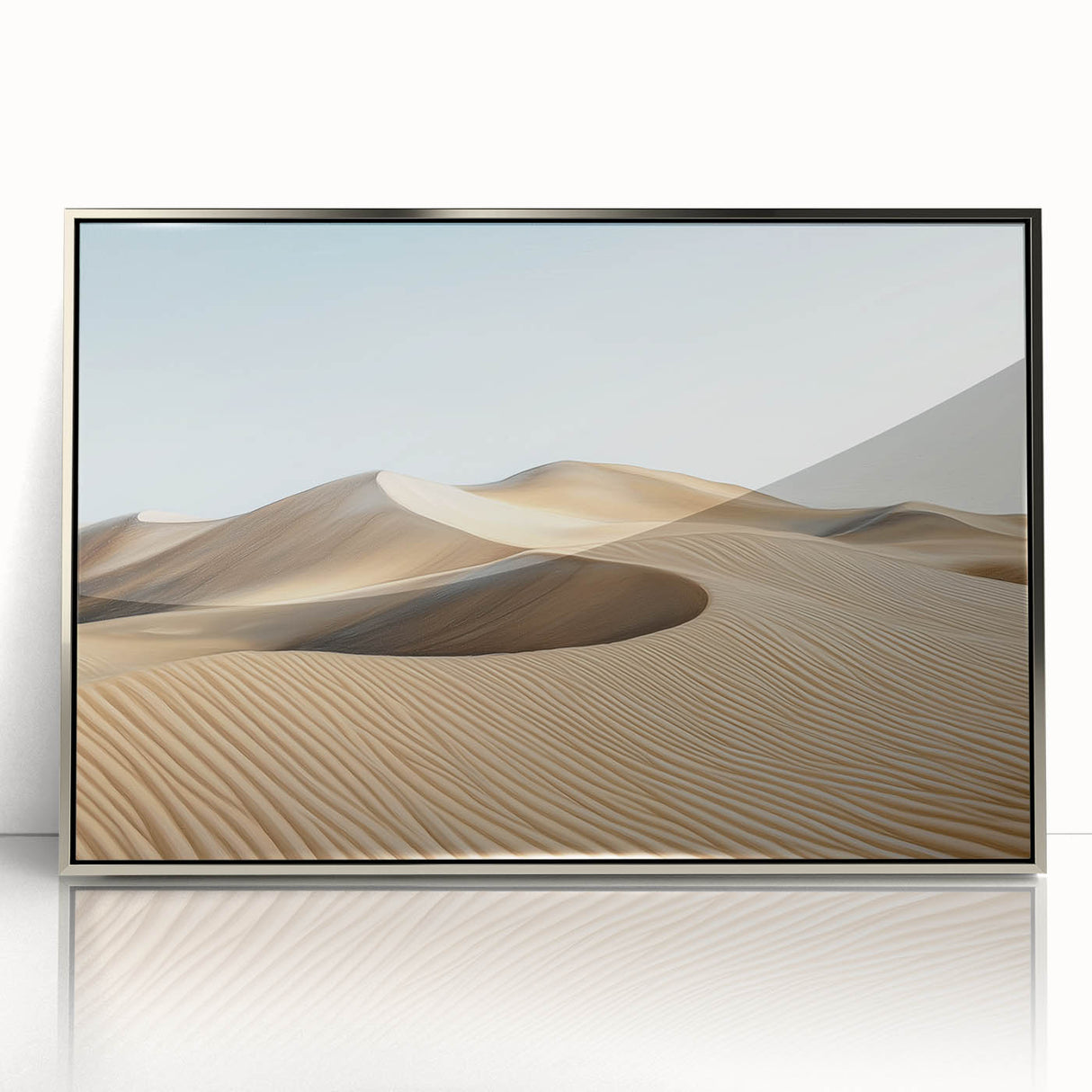 Framed acrylic art print showcasing a vibrant desert landscape with striking colors, set in a sleek silver frame, perfect for modern home decor.