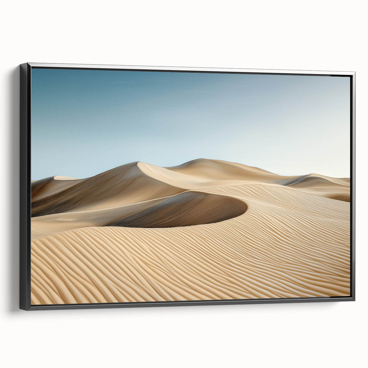 Framed canvas artwork depicting a vibrant desert landscape in warm tones, showcased from a black side view, adding elegance to modern decor. Ideal for nature-themed interiors.