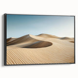 Framed canvas artwork depicting a vibrant desert landscape in warm tones, showcased from a black side view, adding elegance to modern decor. Ideal for nature-themed interiors.