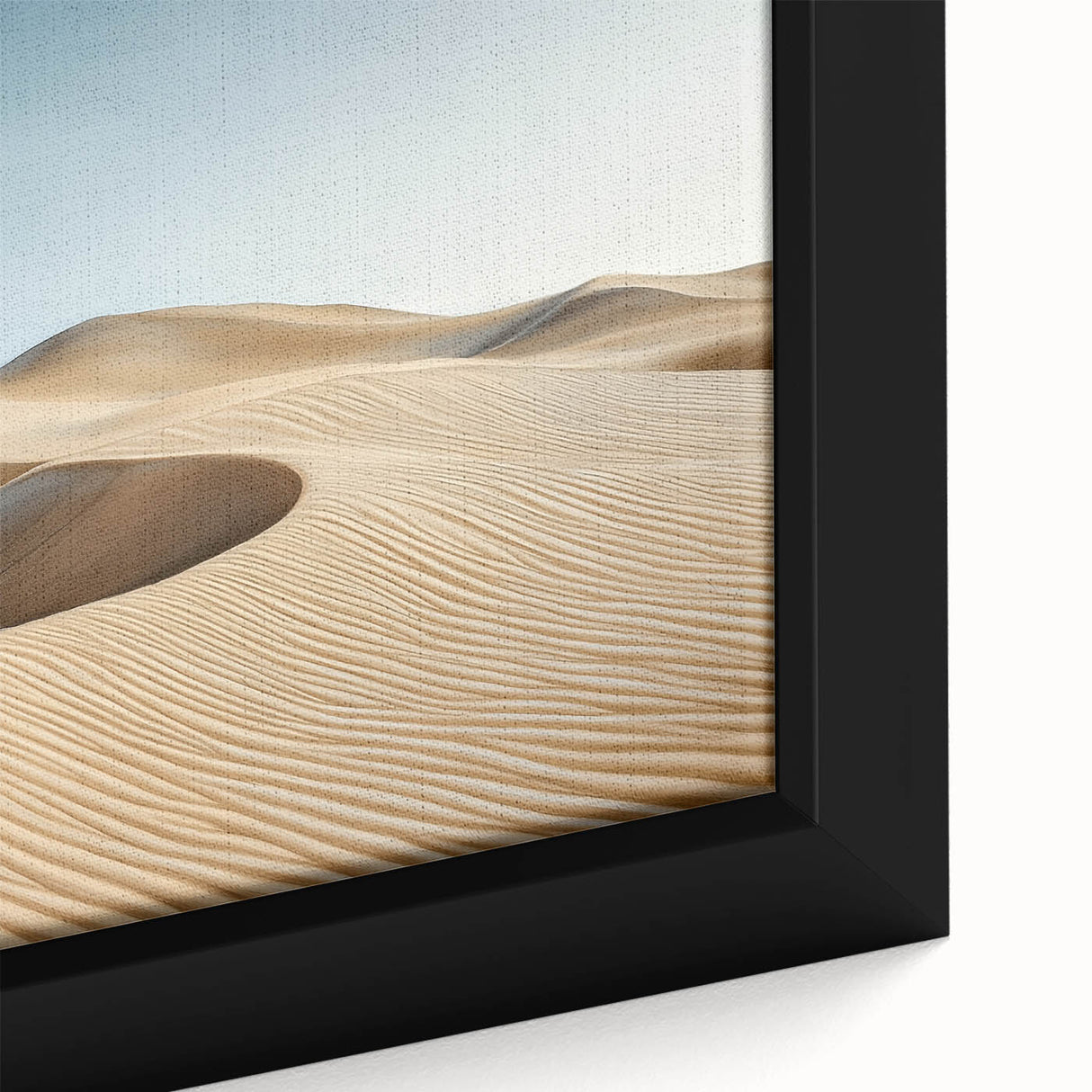 Close-up of a framed desert landscape canvas art piece showcasing warm hues of orange and yellow, highlighting intricate details of the arid scenery, perfect for home decor.