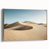Framed landscape canvas depicting a serene desert scene with soft color tones, showcasing silver frame details and providing a modern decor touch. Ideal for enhancing home aesthetics.