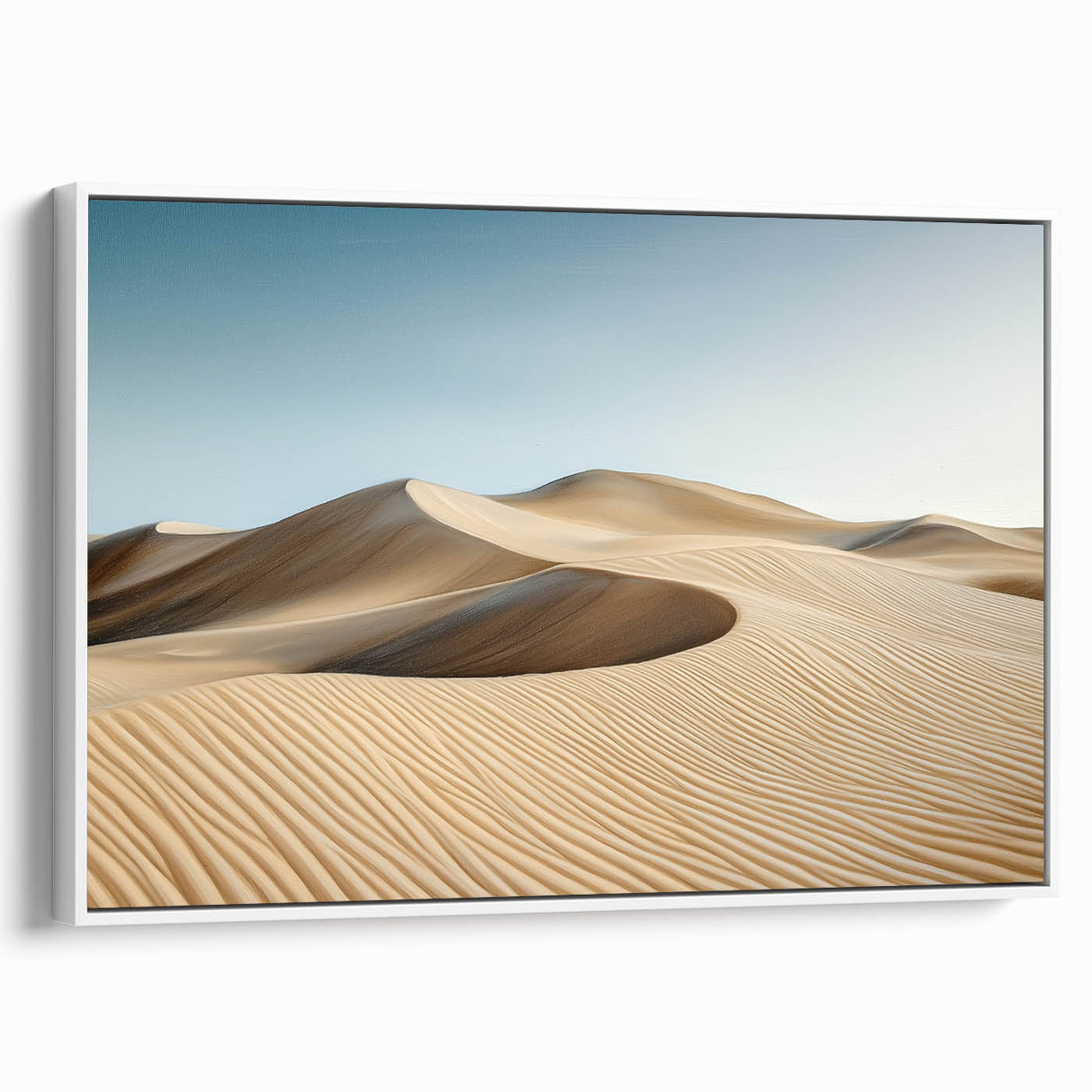 Framed canvas artwork showcasing a stunning desert landscape with warm tones of orange and beige, featuring a sleek white frame and side view display. Perfect for home decor enthusiasts.