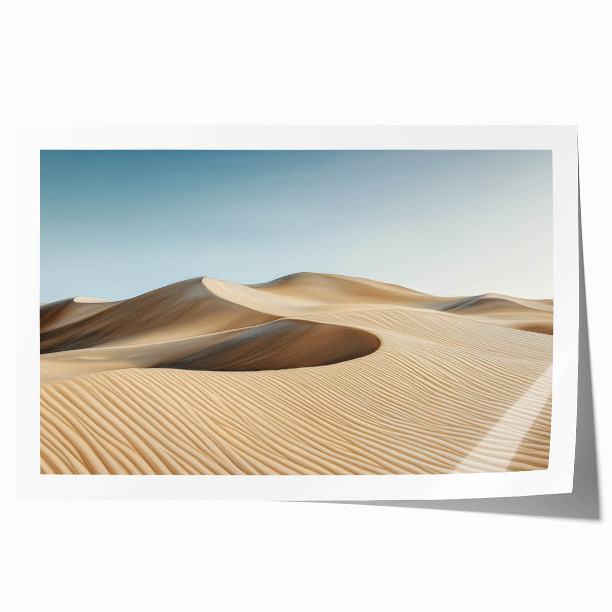 Desert landscape rolled print showcasing vibrant hues of orange and yellow, capturing the serene beauty of a sunset over dunes, ideal for home decor.