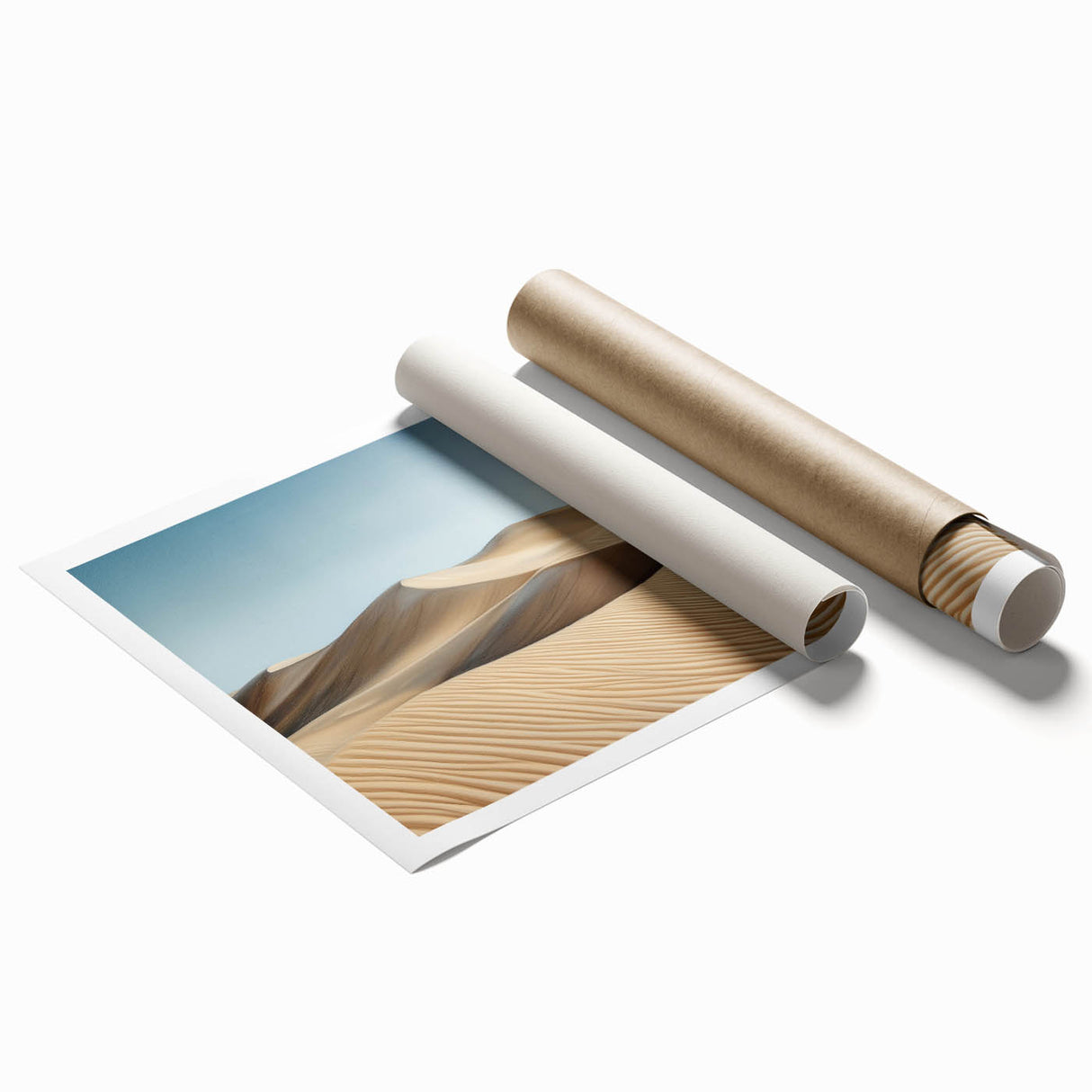 Desert landscape rolled canvas print showcasing vibrant orange and yellow hues, depicting a serene sunset over sand dunes, elegantly packaged in a protective tube.