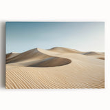 Vibrant stretched canvas artwork depicting a serene desert landscape at sunset, showcasing warm hues of orange and purple, perfect for enhancing modern home decor.