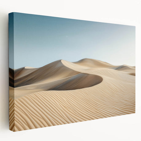 Stretched canvas artwork depicting a vibrant desert landscape, showcasing rich hues of orange and yellow against a blue sky, perfect for home decor.