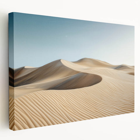 Stretched canvas artwork depicting a vibrant desert landscape, showcasing rich hues of orange and yellow against a blue sky, perfect for home decor.