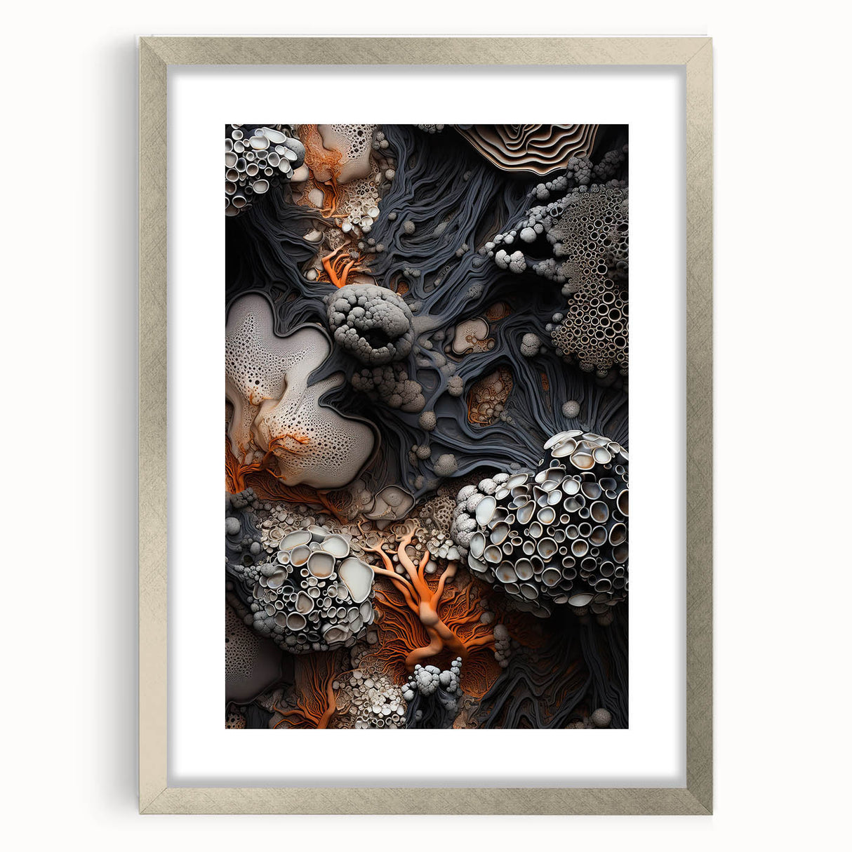 Textured abstract art print in muted gray and blue tones, framed in silver, ideal for bedroom wall decor.