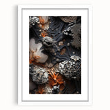 Abstract art print featuring close-up natural elements in muted earth tones, framed in white.