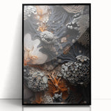 Large abstract wall art featuring mid-century modernist style in black and white tones, framed in acrylic.