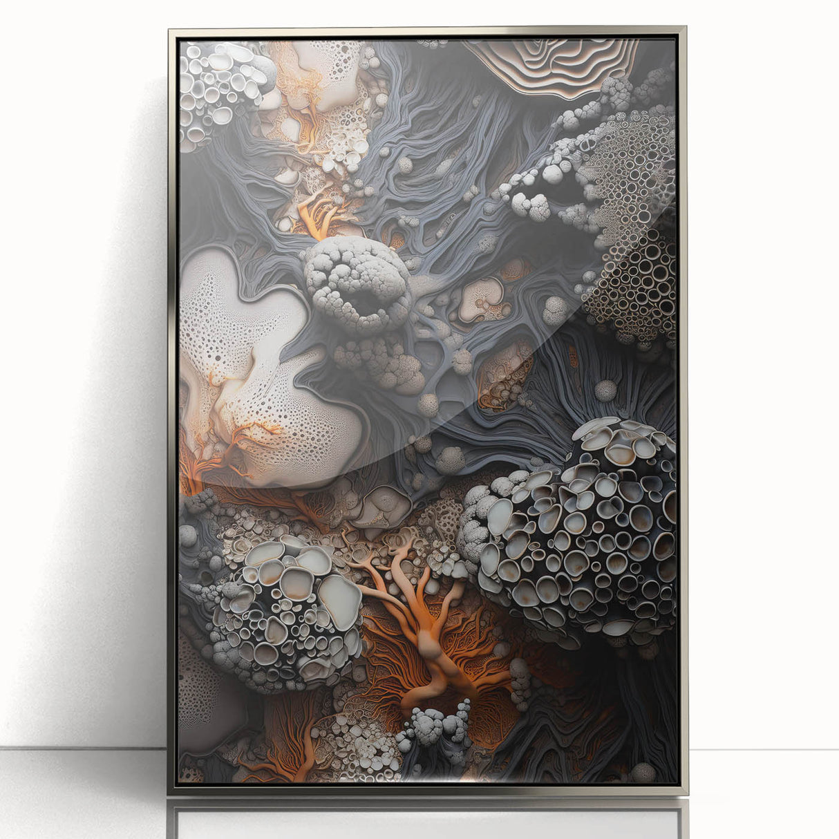 Mid-century modernist art deco poster featuring abstract natural elements in silver and gray tones, acrylic framed.