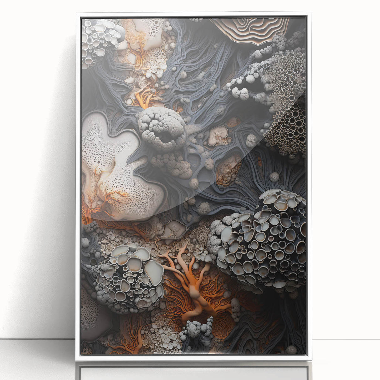 Art Deco poster featuring geometric shapes in muted gold and white, acrylic print framed in white.