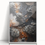 Art Deco poster featuring geometric shapes in muted gold and white, acrylic print framed in white.