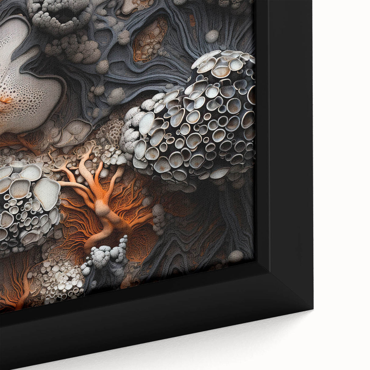 Close-up of black wall art featuring textured, colorful abstract elements on a large framed canvas.