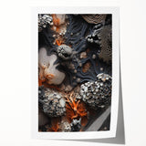 Close-up floral art on rolled print featuring soft pink and white blossoms, ideal for dining room or bathroom wall decor.