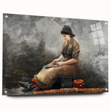A Fishergirl Baiting Lines Realism Art Print - Winslow Homer Coastal Scene