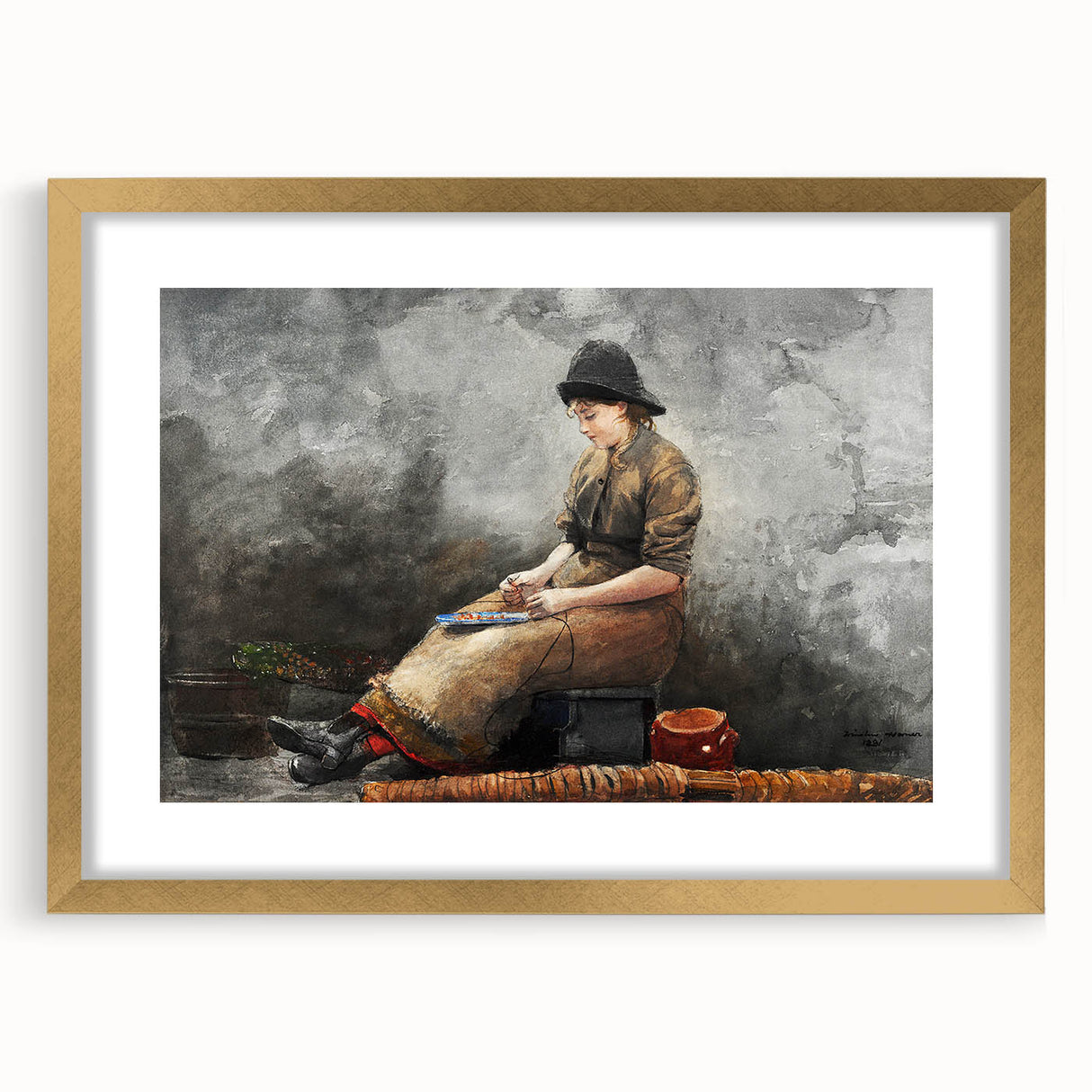 A Fishergirl Baiting Lines Realism Art Print - Winslow Homer Coastal Scene