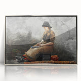 A Fishergirl Baiting Lines Realism Art Print - Winslow Homer Coastal Scene