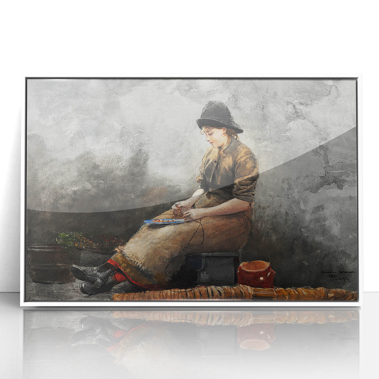 A Fishergirl Baiting Lines Realism Art Print - Winslow Homer Coastal Scene