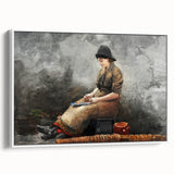 A Fishergirl Baiting Lines Realism Art Print - Winslow Homer Coastal Scene